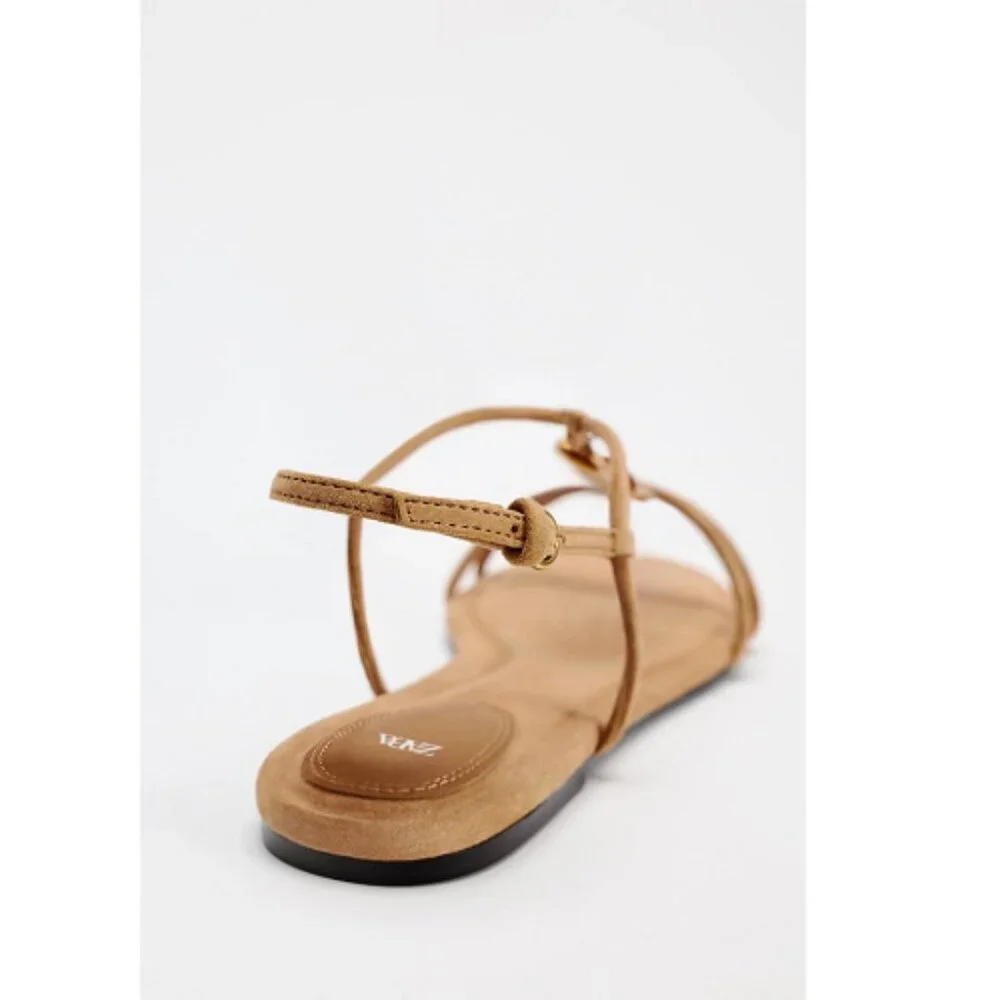 Zara Leather Sandals Embellished Front Beads Round toe Ankle buckle strap Sz 10 - Picture 6 of 12